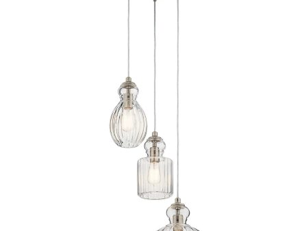 Riviera 18  3-Light Pendant Light with Clear Ribbed Glass, Brushed Nickel Finish Online now