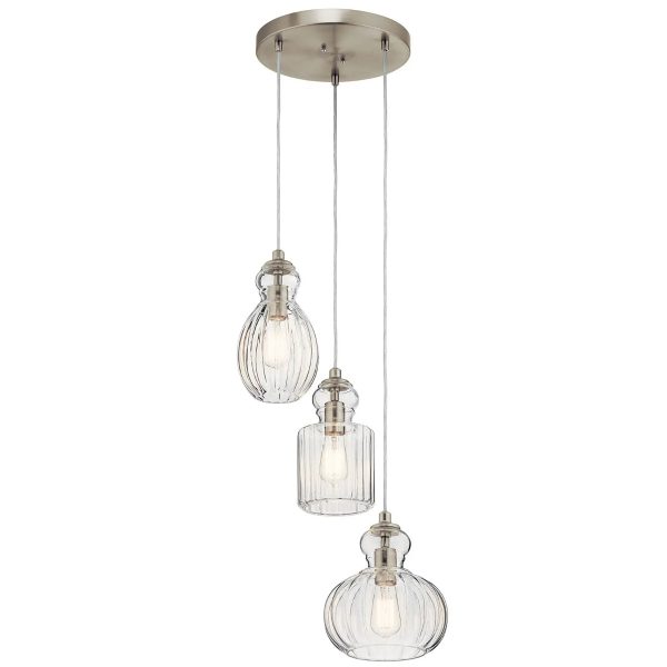 Riviera 18  3-Light Pendant Light with Clear Ribbed Glass, Brushed Nickel Finish Online now