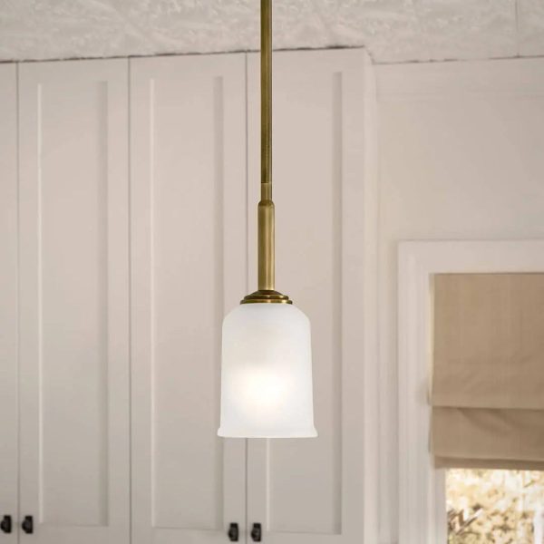 Shailene 11  1-Light Mini Pendant Light with Clear Satin Etched Glass, Natural Brass Finish For Sale